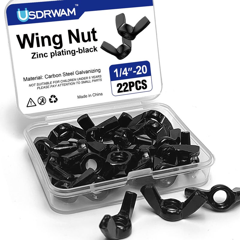 Usdrwam 22Pcs 1/4"-20 Wing Nuts Kit, Zinc Plating-Black Wing Nuts Butterfly Fasteners, Hand-Tighten Hardware Nuts Kit for Easy Assembly and Secure Fit Furniture - Image 1